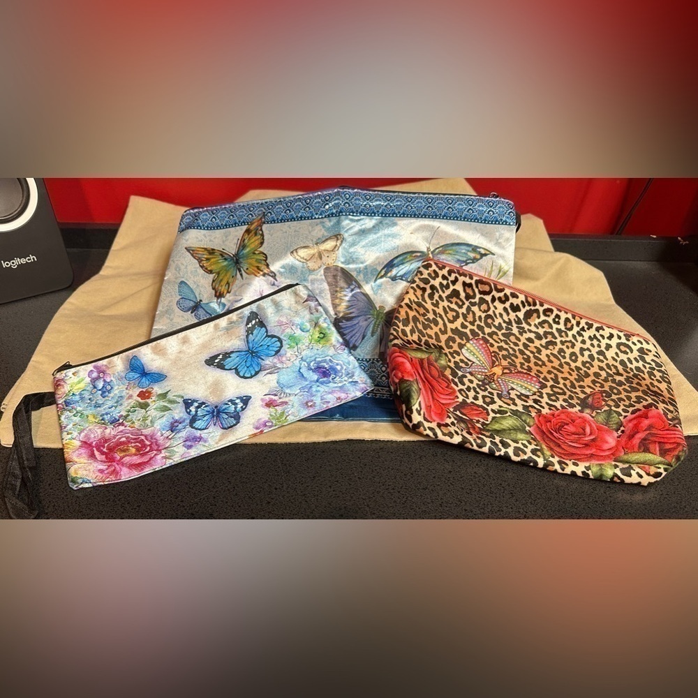 Group of 3 NWOT Pouches/Bags Butterfly & Floral Design Includes 1 Estée Lauder